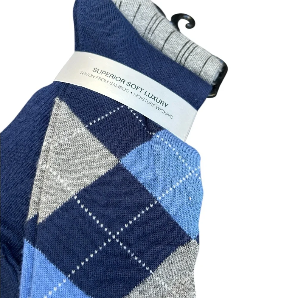 Perry Ellis Portfolio Mens Dress Socks 3 Pair Pack Argyle Navy Grey Bamboo Blend